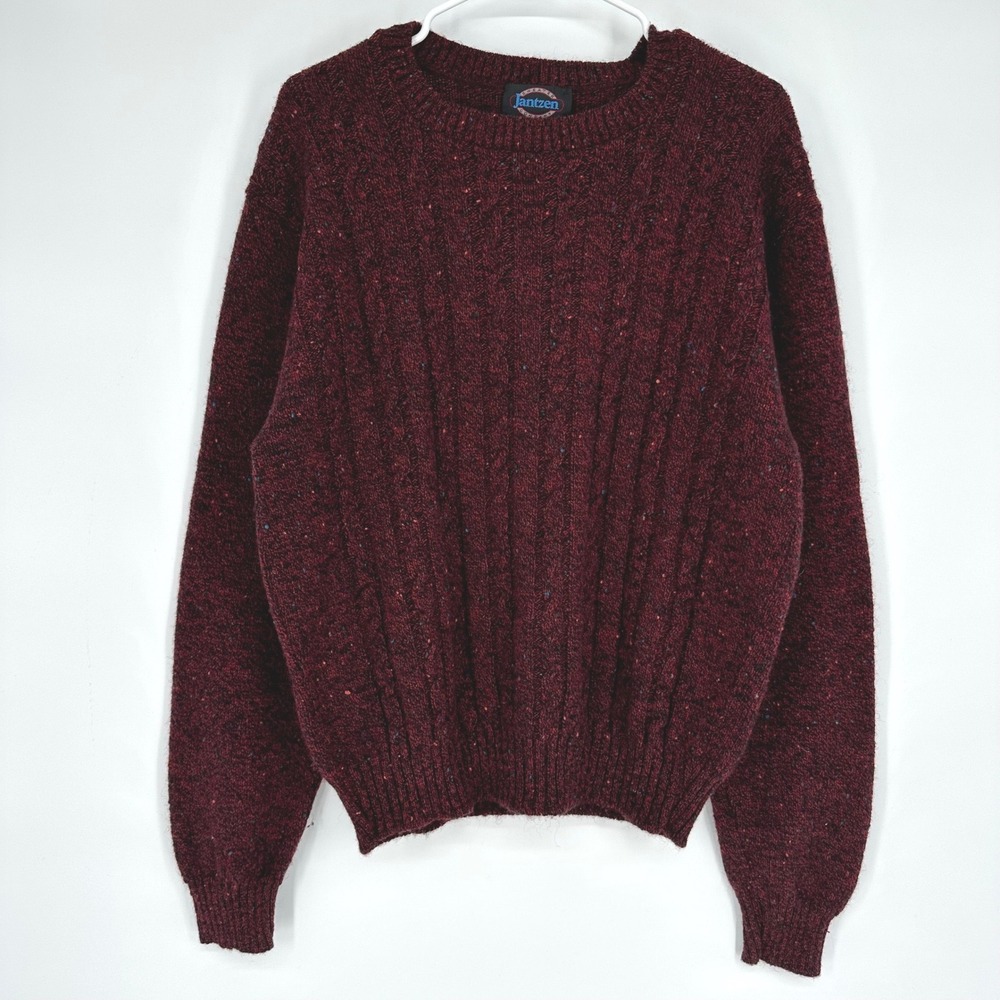 Vintage Jantzen Mens Donegal Cable Knit Sweater Burgundy Red Speckled Large USA